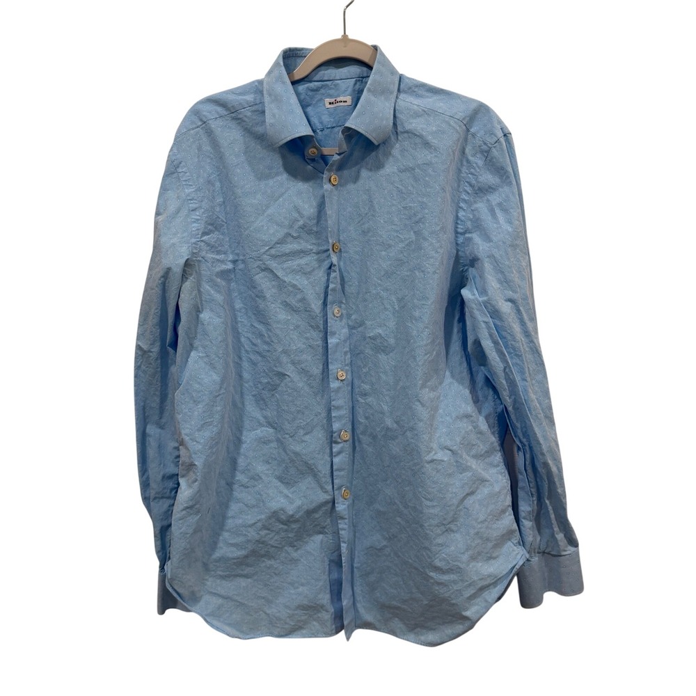 Kiton Mens Light Blue Geometric Diamond Micro Pattern Button Down Shirt 17.5 44